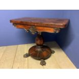 Good William IV Coromandel wood pedestal foldover card table with a newish green baize circular