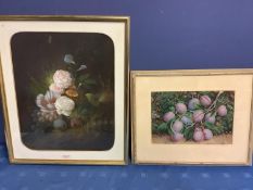 Framed and glazed oil on canvas, still life, peonies and fruit, possibly French school 55 x 43 cm