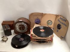 Qty of old records, mantle clock, The Dalvey Voyager clock & vintage Kodak camera