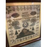 Needlework sampler, early C19th in a rosewood frame