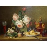 C20th, oil on artist board, still life, flowers, fruit, decanter & glasses, indistinctly signed