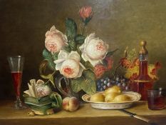 C20th, oil on artist board, still life, flowers, fruit, decanter & glasses, indistinctly signed