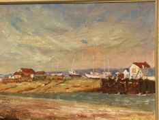 Oil on board, C20th, "Boats near Exmouth", signed lower left D Parratt, label verso, David Parrott