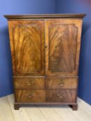 Good George III mahogany linen press with 2 short & 1 long drawers, fitted with hanger & also drawer