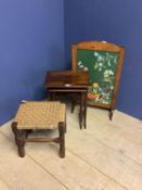 Nest of 2 occasional tables, rush seat stool & oak fire screen. Condition: General wear, rush seat 2