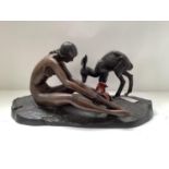 Early C20th German Bronze of a seated nude lady with a deer stamped O.Schmidt. (OTTO SCHMIDT 1873-