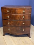 Regency mahogany bow front chest of 2 short over 3 long graduated drawers with brass ring drop