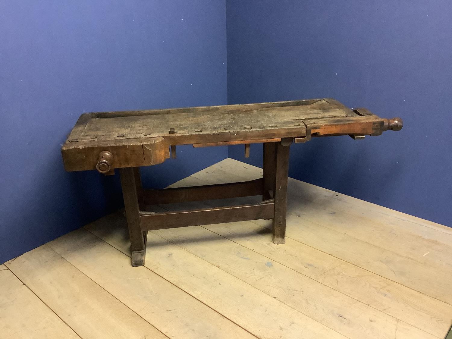 C18th rustic country made carpenter's work bench with wooden screw vice and metal pegs, approx 162 - Image 2 of 2