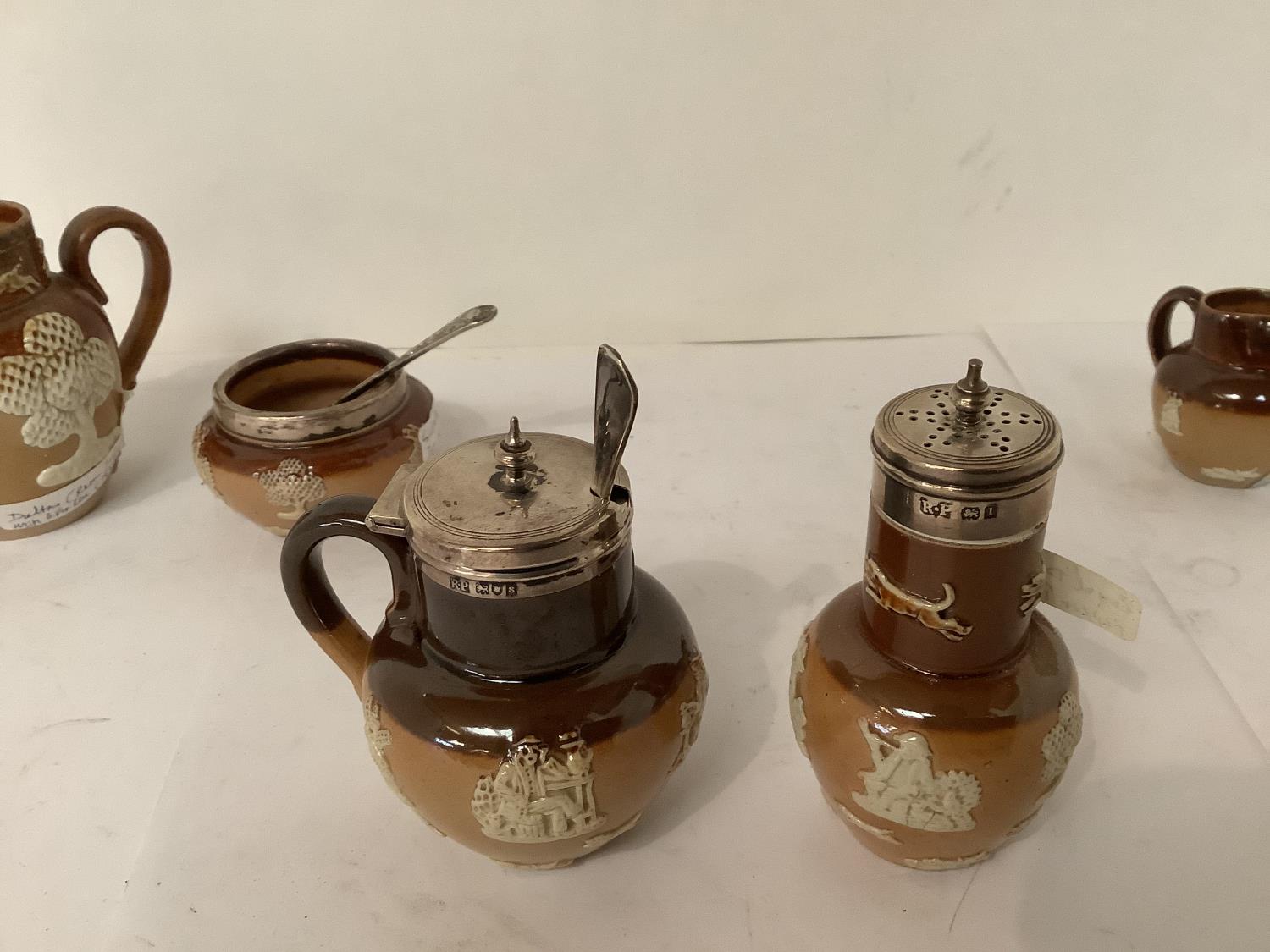 Doulton Lambeth 3 piece condiment set, with hallmarked silver mounts, London 1913, 2 miniature - Image 6 of 8