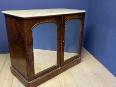 Victorian marble topped walnut veneered press cupboard with 5 sliding trays within mirrored doors,