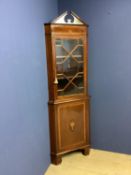 Good Sheraton revival inlaid & cross banded mahogany one piece small standing corner cupboard with