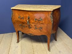 Dutch Kingwood marquetry 2 drawer bomb commode with ormolu decoration beneath a marble top 100 cm