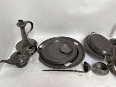Quantity of antique & later pewter wares, incl chargers, mugs, candlesticks etc. Condition: