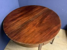 George III period mahogany demi lune fold over tea table, C1810, 75h x 100w x 49.5d (folded) cm.