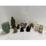 A quantity of Oriental wares to include a Chinese hardstone carving, possibly C18th, a bronze seated