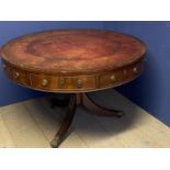 C19th mahogany drum table with a drawer beneath & tooled red leather top 114cm Diam. Condition:
