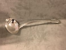 George IV silver soup ladle, fiddle thread & shell pattern crested by William Eley & William