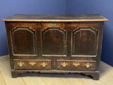 C18th oak mule chest 3 panel front above 2 base drawers on bracket feet 145 cm L x 55 cm deep x 94