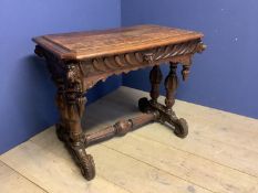 Good Victorian heavily carved oak library table with a drawer. 96cm L x 78H x 59cm D. Condition: