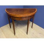 Regency satinwood crossbanded mahogany half round fold over card/tea table on inlaid tapered legs to
