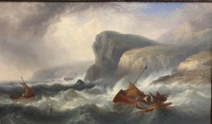 C19th English School, Oil on canvas, "Boats in a Rough Sea", signed and dated 1868 lower right J W