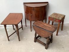 Edwardian inlaid mahogany bow front night cupboard, small oak gateleg table small bow front coffee