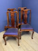 Set of 4 Edwardian Queen Anne style mahogany dining chairs with blue drop in seats. Condition: