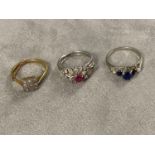9 stone diamond plaque ring, 2 rings, a ruby and diamond white metal unmarked and