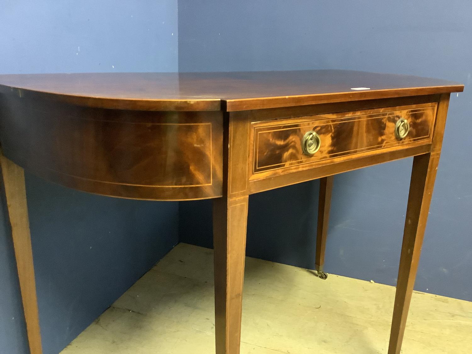 Inlaid mahogany side table with single drawer, 76h x 106w x 53d cm.