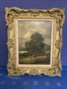 Oil on canvas, "Countryside scene, cattle grazing", 39 x 29, framed, Condition - damage and