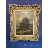 Oil on canvas, "Countryside scene, cattle grazing", 39 x 29, framed, Condition - damage and