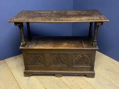 Late Victorian carved oak monks bench with box seat 107 cm L x 83 cm H. Condition general wear
