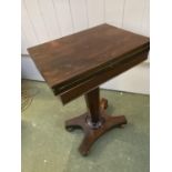 Small Regency rosewood foldover pedestal card table with green baize interior closed 49cm x 35 cm