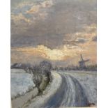 Oil on board, "Winterscape, with windmill", signed indistinctly lower right, 57.5 x 48.5cm , in