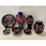 Moorcroft pottery anemone pattern ginger jar and cover, dish 26 cm dia , powder bowl and cover 13