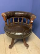 Good Victorian walnut swivel library desk chair with original brown hide. Condition: General wear,