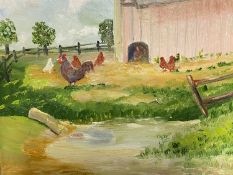 GEORGE S WISSINGER C20th, oil, Farmland with chickens, 24 x 28.5cm, framed, Condition: Good