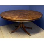 Good burr walnut oval loo table on a swept quadruped base 143cm L x 113cm W. Condition: Generally