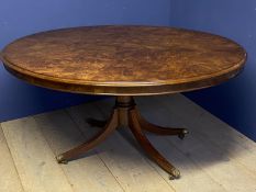 Good burr walnut oval loo table on a swept quadruped base 143cm L x 113cm W. Condition: Generally