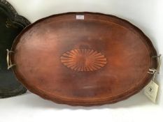 George III inlaid mahogany oval galleried tea tray with brass handles 68cm L. Condition: Generally