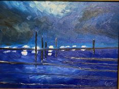 GEORGE S WISSINGER (C20th ), oil, Night sky, Lake Maracubo, Mexico, 2016, 28.5 x 38cm, framed.