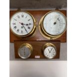 Marine brass cased aneroid barometer by Tempora & a similar clock by Sewell's Liverpool each 17cm