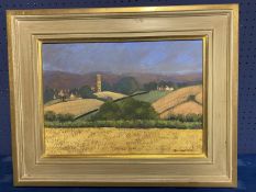 Contemporary oil on board, View of English village, 29 x 41.5cm, signed Hermione Owen