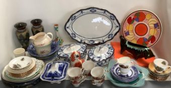 Qty of china including 2 x Dean's Burslem Cambridge serving dishes, platter, old Willow plates,