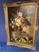 Early C20th oil on board, "still life flowers and fruit, 89 x 60cm, marked verso, condition some