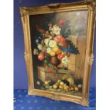 Early C20th oil on board, "still life flowers and fruit, 89 x 60cm, marked verso, condition some