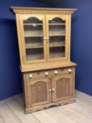 George IV natural pine kitchen dresser with glazed top 206cm H x 120cm W x 52cm D. Condition: