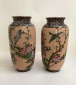 Pair of C19th Chinese Canton Enamel vases 30 cm H, decorated with birds and butterflies, on a