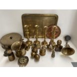 A quantity of brasswares, to include candlesticks, trays, car horn, pestle and mortar etc - SEE