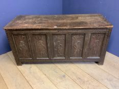 Large C18th carved oak 5 panel coffer depicting military officers & coats of arms 146cm L x 72cm H x